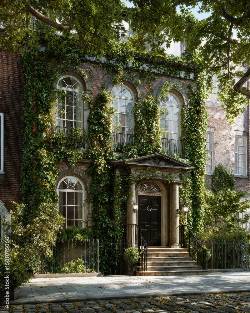 Ivy-covered brick townhouse on a sunny day. A classic, elegant facade. Ivy-covered brick townhouse on a sunny day. A classic, elegant facade.