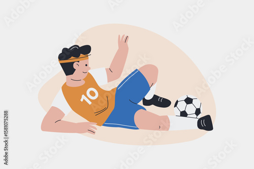 Man Athlete Playing Football Lying on Ground Nearby Soccer Ball Vector