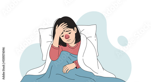 Young Girl Feeling Unwell Under Blanket with Red Nose and Headache Symptom