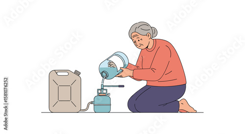 Elderly woman carefully pouring clean water from a large jug into a dispensing unit helping her community during a water shortage situation