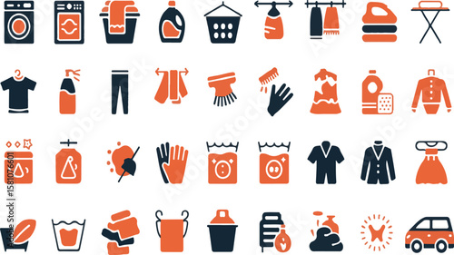Laundry and cleaning icon set featuring washing machine detergent and various clothing elements