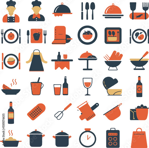 A collection of kitchen and culinary icons in red and blue vector style