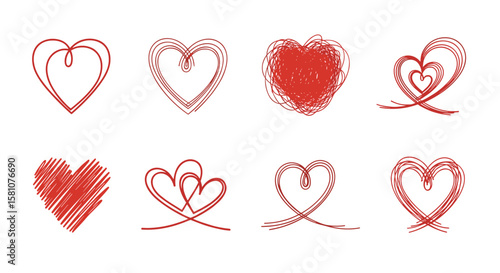 Collection of Hand Drawn Red Hearts Abstract Art Romantic Love Symbol Icons for Creative Design Projects