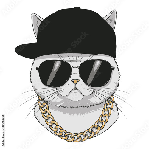 Cool Cat Cartoon Vector Illustration with Sunglasses and Gold Chain