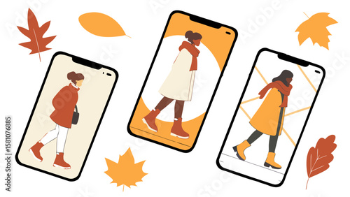 Three phones displaying autumn fashion illustrations with scattered fall leaves around them on white background