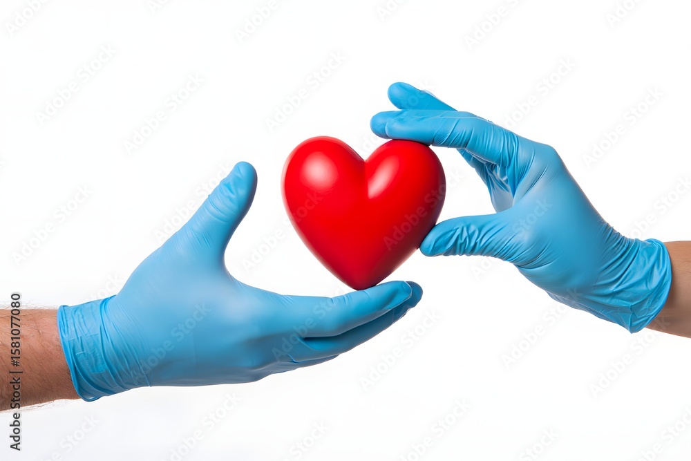 Fototapeta premium Medical Hands In Blue Gloves Gently Holding a Red Heart Shape Symbol of Love and Care