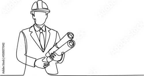 Engineer holding blueprint in continuous one line drawing, minimalist architect illustration in editable vector style

