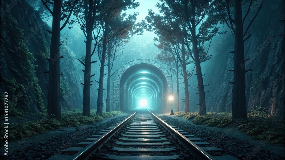 Fototapeta premium Railway Track Through Tunnel With Trees and Light at the End