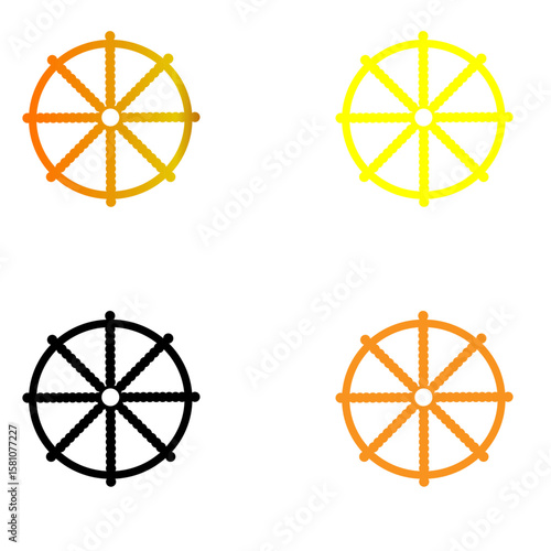 "Colorful Dharmachakra Symbol Set — Orange, Yellow, Black Variations, Vector Spiritual Design"