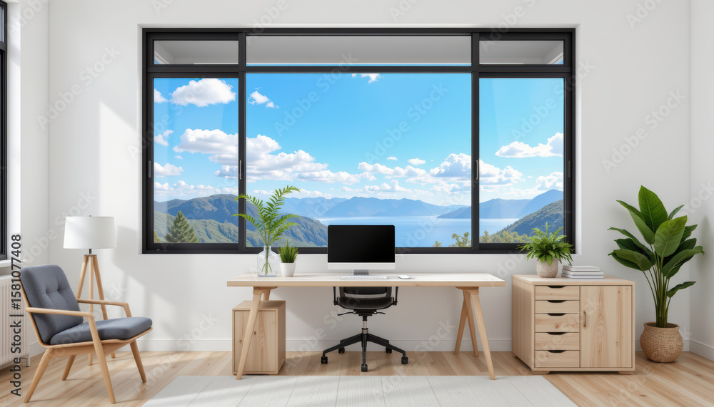 Fototapeta premium Innovative tech integration for api development hologram system in a minimal office with scenic views