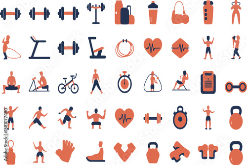 Illustrated collection of fitness icons depicting various gym equipment and exercises