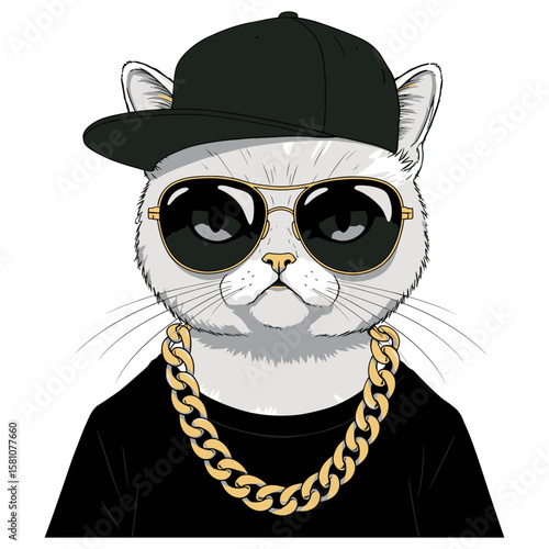 Cool Cat with Sunglasses  Gold Chain Stylish Animal Illustration