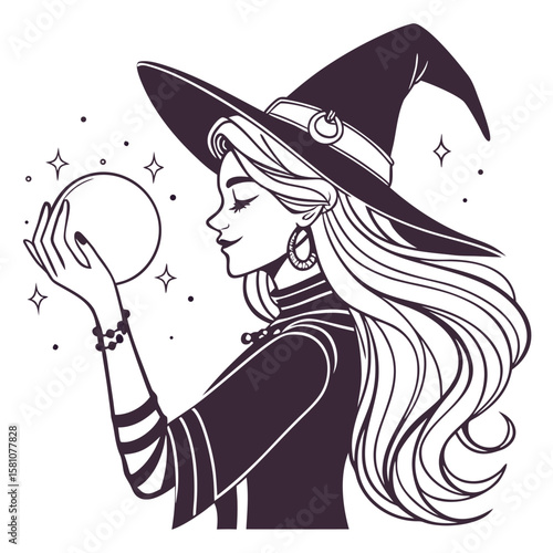 Enchanting female witch illustration with flowing long hair casting a spell under a mysterious night sky perfect for fantasy and halloween themes
