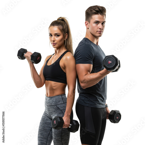 Fitness couple lifting weights isolated on transparent background
