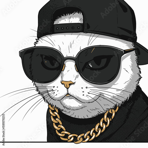 Cool Cat with Sunglasses and Gold Chain Vector Illustration