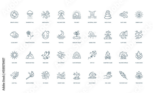 natural elements phenomena earth air fire water collection minimalist line art icons, mountain sun river bird