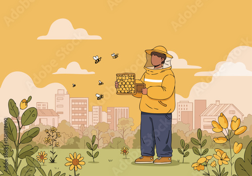 A beekeeper in protective gear examines a honey box amidst a vibrant meadow and cityscape. A warm, inviting scene showcasing nature and urban life.