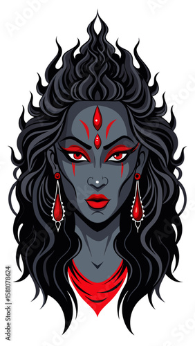 Powerful hindu goddess kali with striking red eyes and dark wavy hair