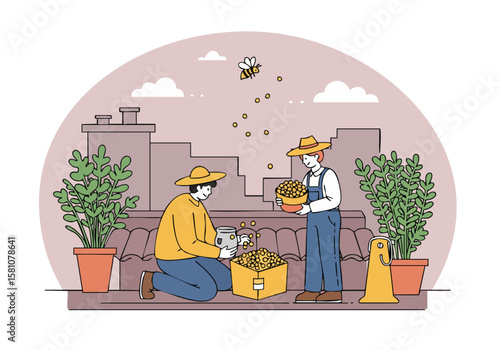 farmer inspects pollen with a helper showcasing a sustainable agricultural scene Warm colors and a rural setting create a visually appealing image for nature and farming themes