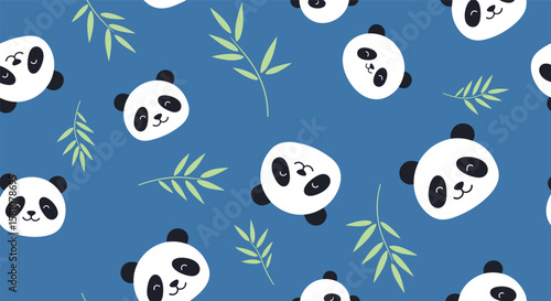 Charming Panda Bears Adorned with Delicate Bamboo Leaves Create a Whimsical Nursery Pattern