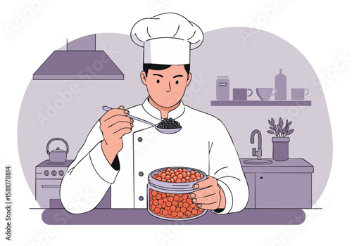 A professional chef meticulously tastes caviar with a spoon, showcasing a refined culinary skill. Clean kitchen setting highlights the premium ingredient.