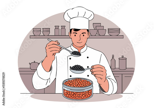 A professional chef meticulously tastes caviar with a spoon, showcasing culinary expertise. Clean kitchen background with shelves and servingware. High-quality, appetizing image.