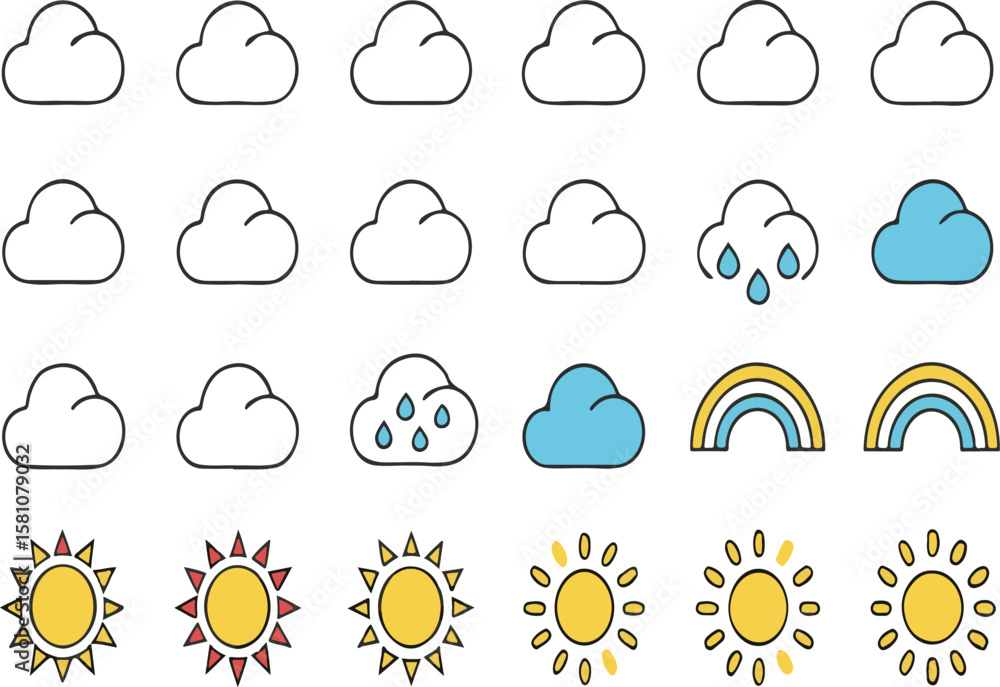 Obraz premium Colorful illustrated weather icons representing sun rain clouds rainbows and sunshine elements