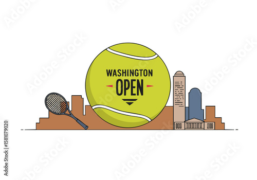 vibrant illustration showcases the Washington Open tennis tournament against a modern DC skyline A large tennis ball dominates the foreground paired with a racket and iconic