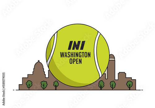 A vibrant tennis ball dominates a stylized Washington D.C. skyline. Bold branding features the Washington Open logo. Modern, graphic design.