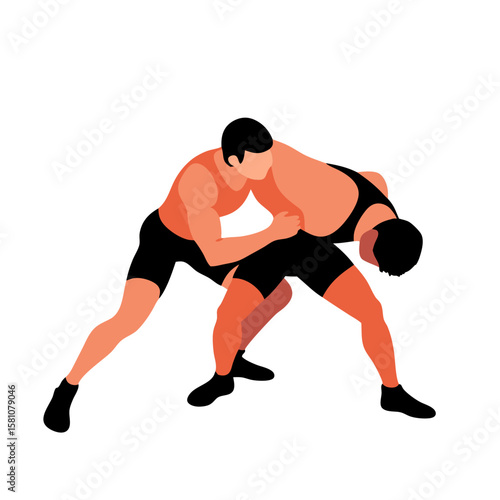 Two wrestlers grappling intensely on a white background - Concept of Athletes  