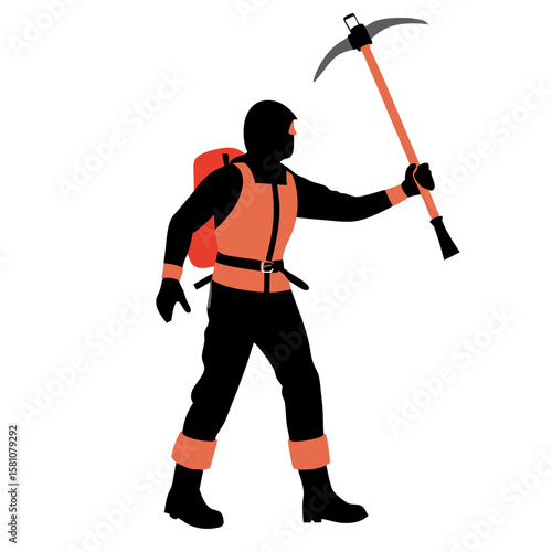 Climber holding ice axe while wearing gear and preparing to ascend  