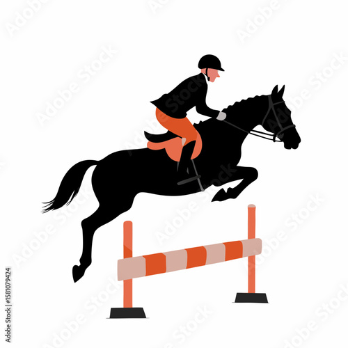 Equestrian rider jumping over an obstacle on a black horse, silhouette  