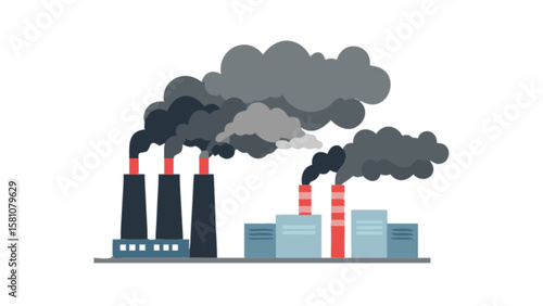 Illustration of industrial pollution with smoke stacks and emissions causing air pollution and climate change