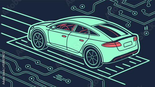 Electric car illustration on circuit board background for future technology and innovation design concept