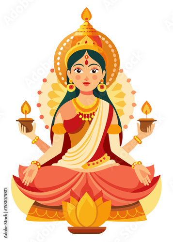 Goddess lakshmi seated on a lotus holding oil lamps for diwali celebration
