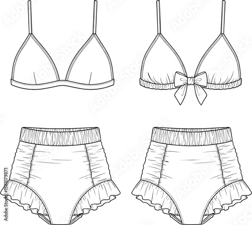 Minimalist Underwear Set with Ruffled Panties and Bow Detail, Fashion Illustration