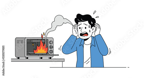 Man panics as microwave catches fire emitting smoke and flames causing appliance malfunction emergency