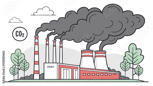 Factory pollution co2 emissions climate change global warming industrial plant environmental impact illustration