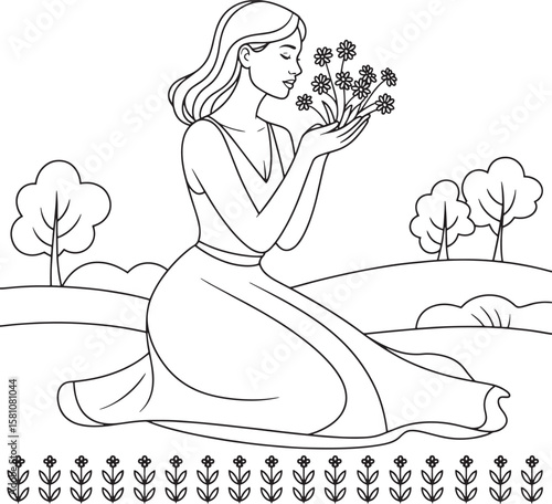 Woman smelling flowers in a field with trees nature
