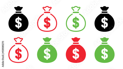 Vector art of a collection of colorful money bag icons with dollar signs isolated on white background