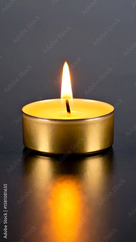 Single gold tea light candle burning brightly Single gold tea light candle burning brightly