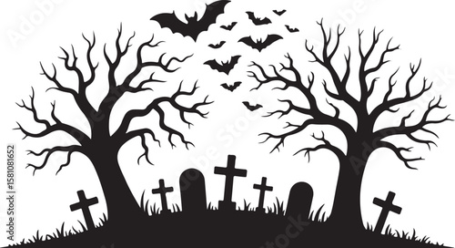 Spooky Halloween Graveyard Silhouette: Bare Trees, Flying Bats, Tombstones, Crosses, Black and White Vector Illustration