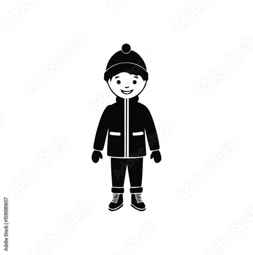 Smiling boy wearing winter clothes and boots winter coat mittens