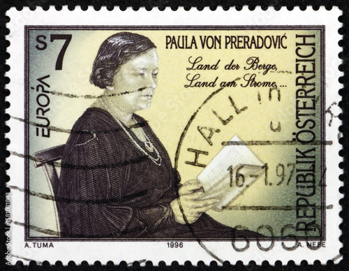 Postage stamp Austria 1996 Paula von Preradovic (1887-1951), was an Austrian writer and poet of Croatian descent