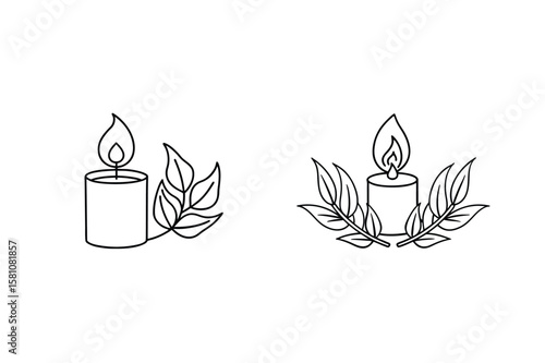 Burning candle with leaves flame wick