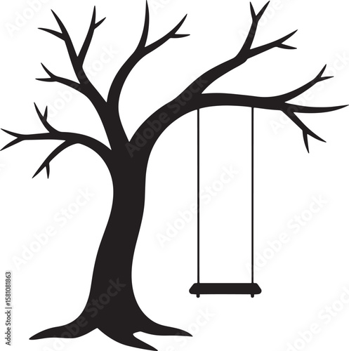 Black silhouette of a bare tree with a swing white