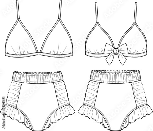 Minimalist Underwear Set with Ruffled Panties and Bow Detail, Fashion Illustration