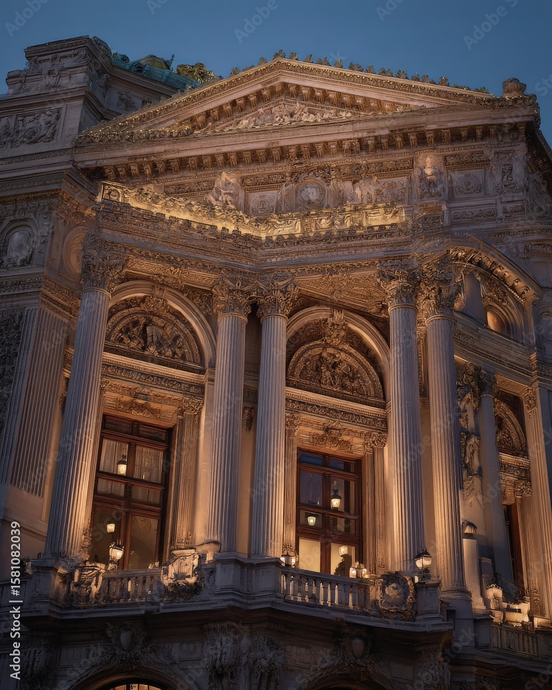 Obraz premium Golden hour illuminates this grand, classical building, its intricate details glowing in the twilight.