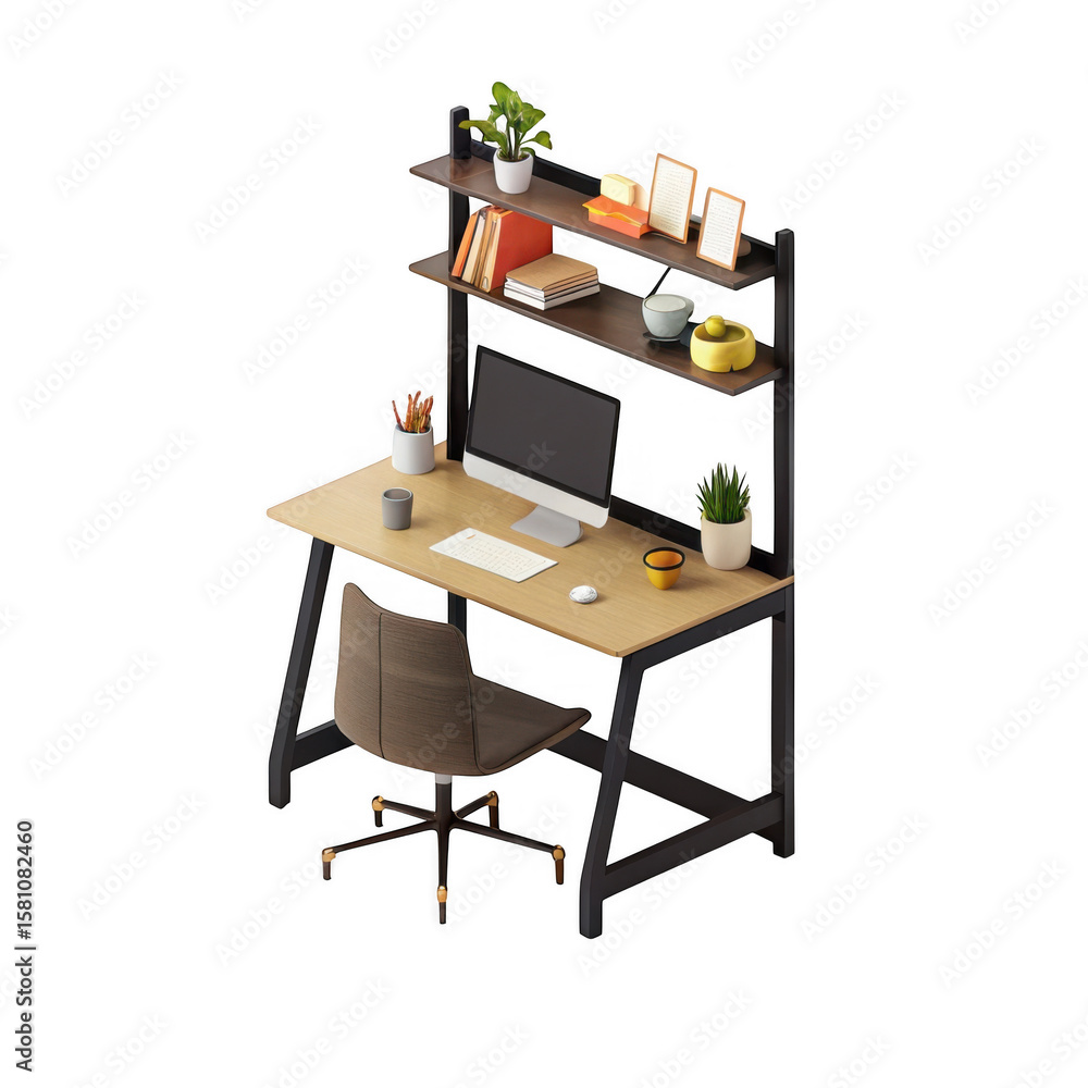 Modern home office desk with integrated shelving unit and ergonomic chair computer and accessories isolated on transparent background Modern home office desk with integrated shelving unit and ergonomic chair computer and accessories isolated on transparent background