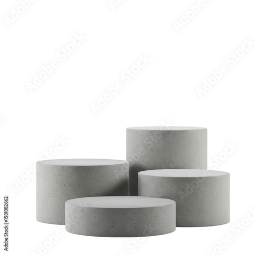 Four concrete cylinder podiums arranged together isolated on transparent background